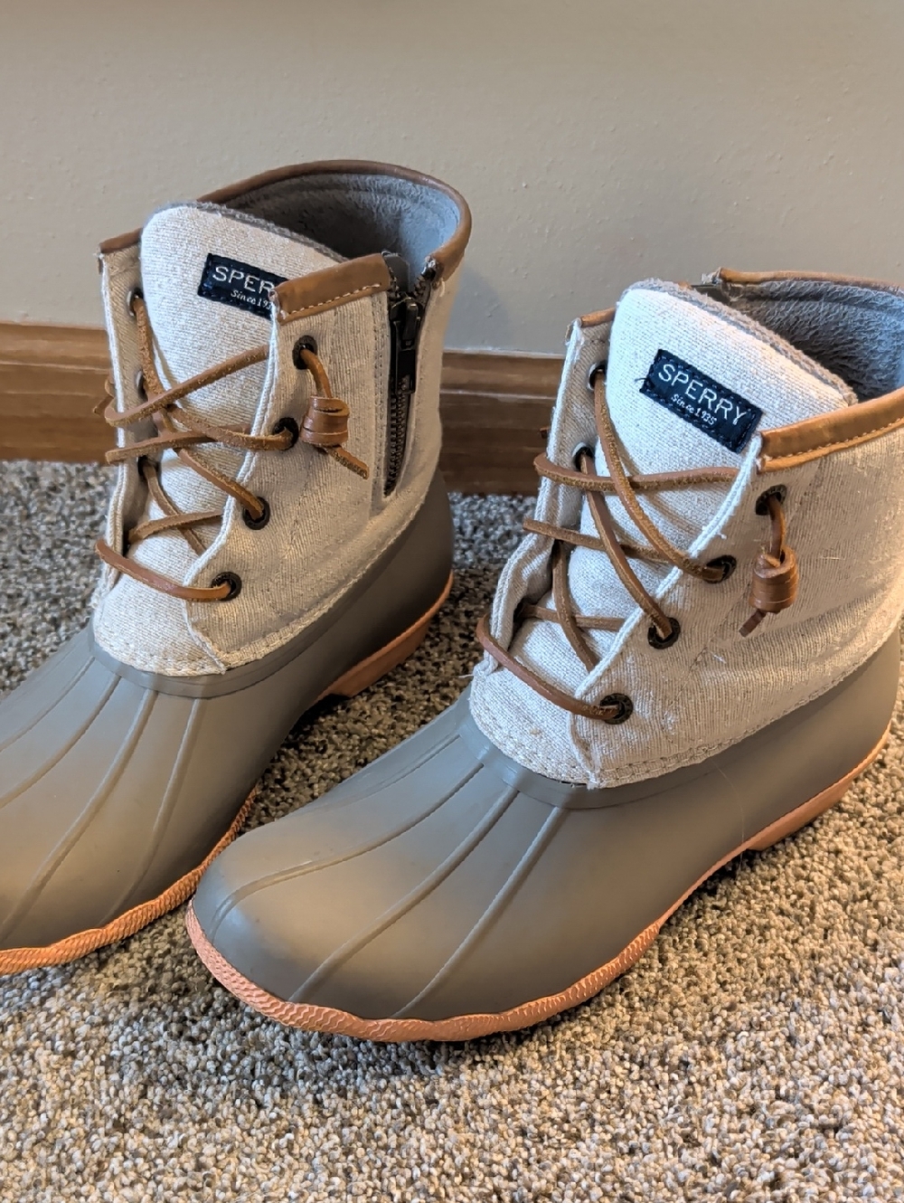 Sperry Canvas & Rubber Duck Boots in Taupe and Tan